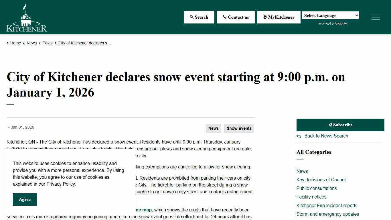 City of Kitchener declares snow event starting at 9:00 p.m. on January 1, 2026 | City of Kitchener